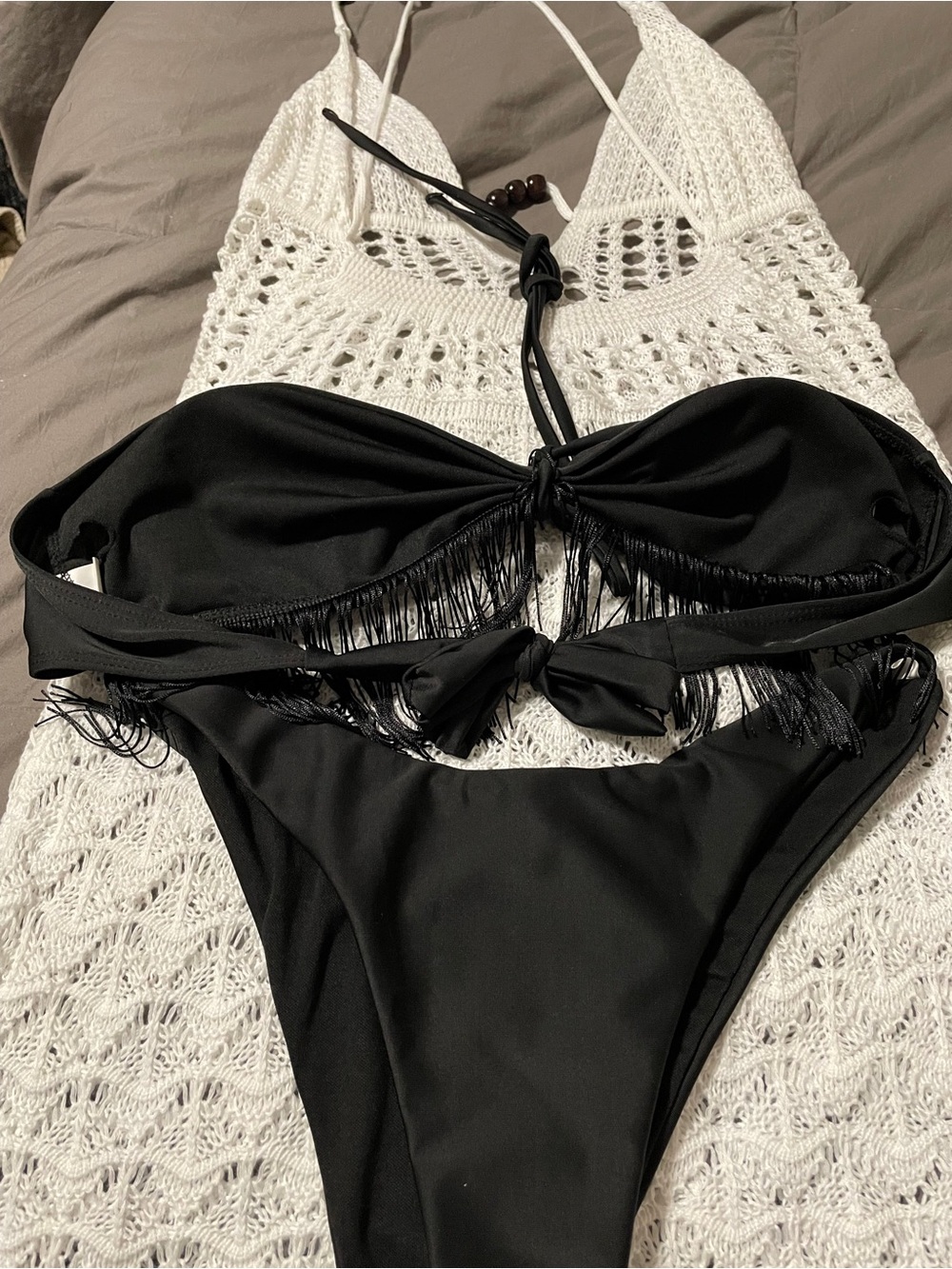 New 2 pc swim bathing suit size L Black Fringe Women’s Bikini/crochet cover up